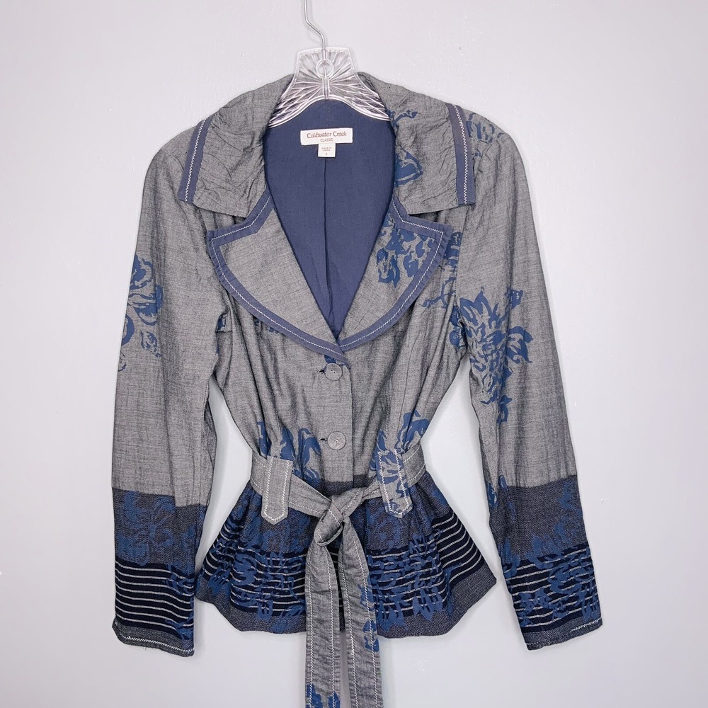 Coldwater Creek Classic Jacket Womens 4 Gray Blue Outdoor Cotton Tie Blazer
